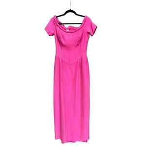 Vintage 1990s Watters Hot Pink Evening Gown Braided Neckline Midi Dress AS IS